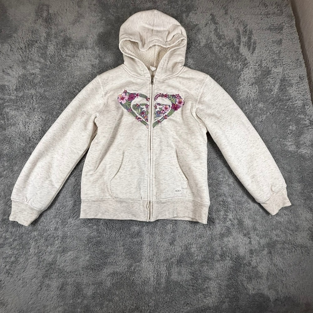 Roxy Girl Cream Oatmeal Sherpa Lined Full Zip Floral Heart Hoodie M 10/12
